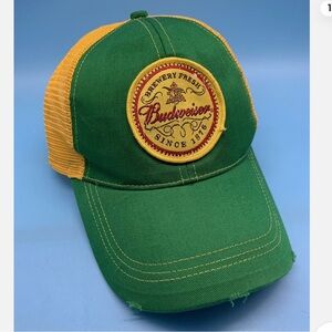 Budweiser Beer Patch Hat Factory Distressed Green Yellow Snapback Trucker Cap